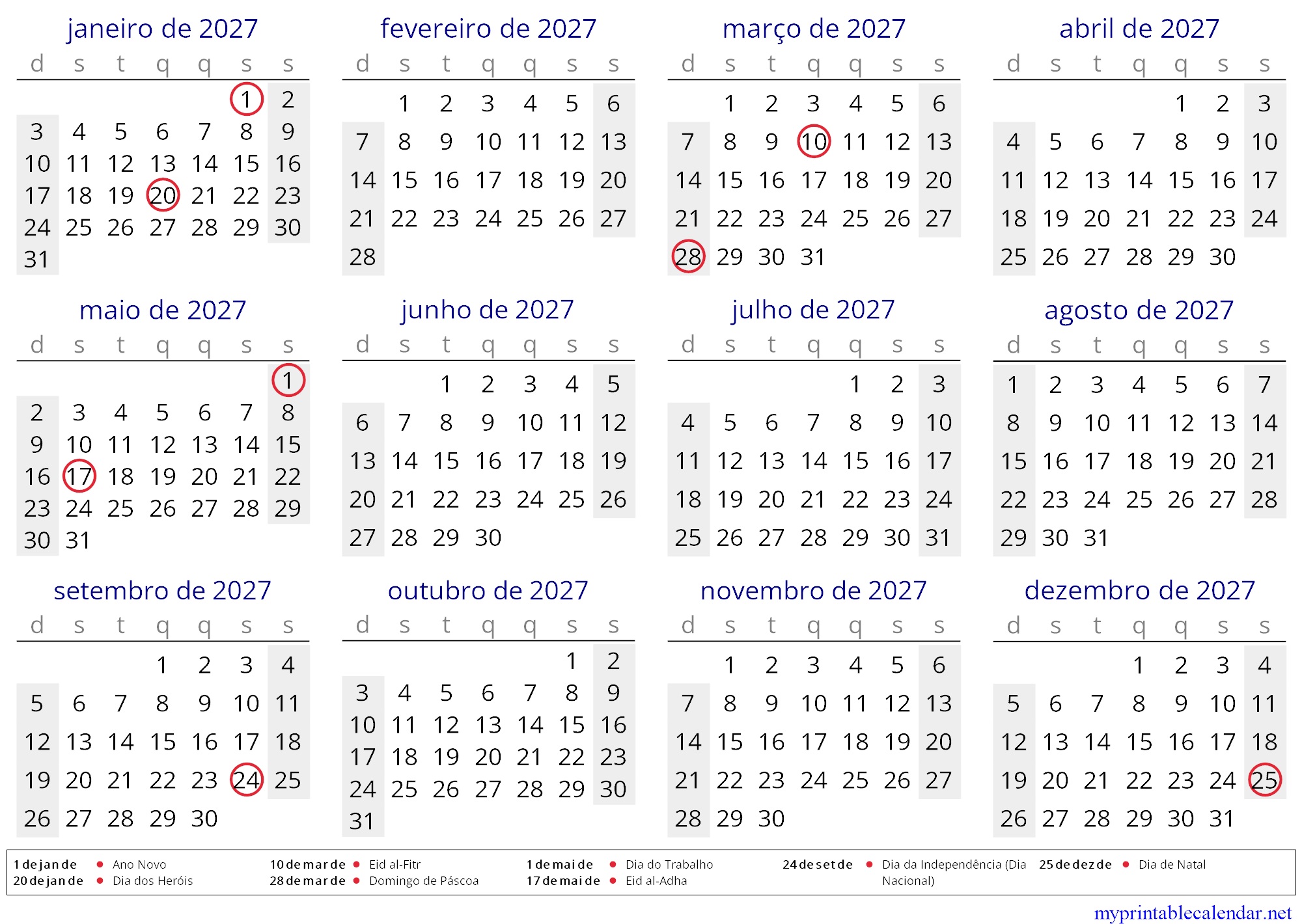 Yearly calendar for 2027, Guinea-Bissau, Portuguese jpg