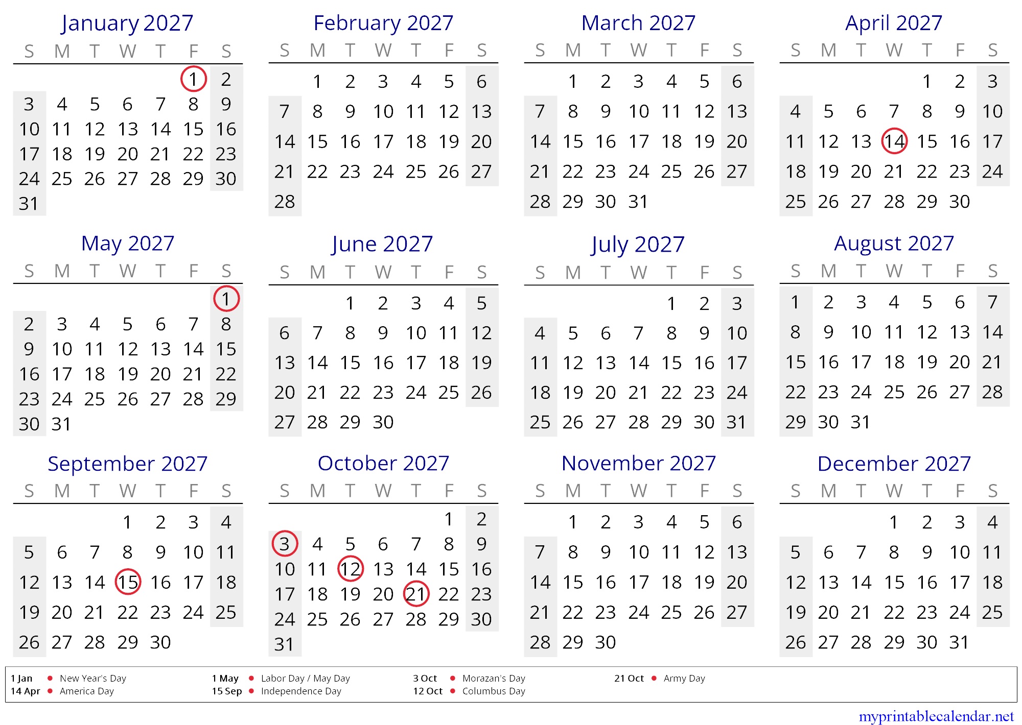 Yearly calendar for 2027, Honduras, in English jpg