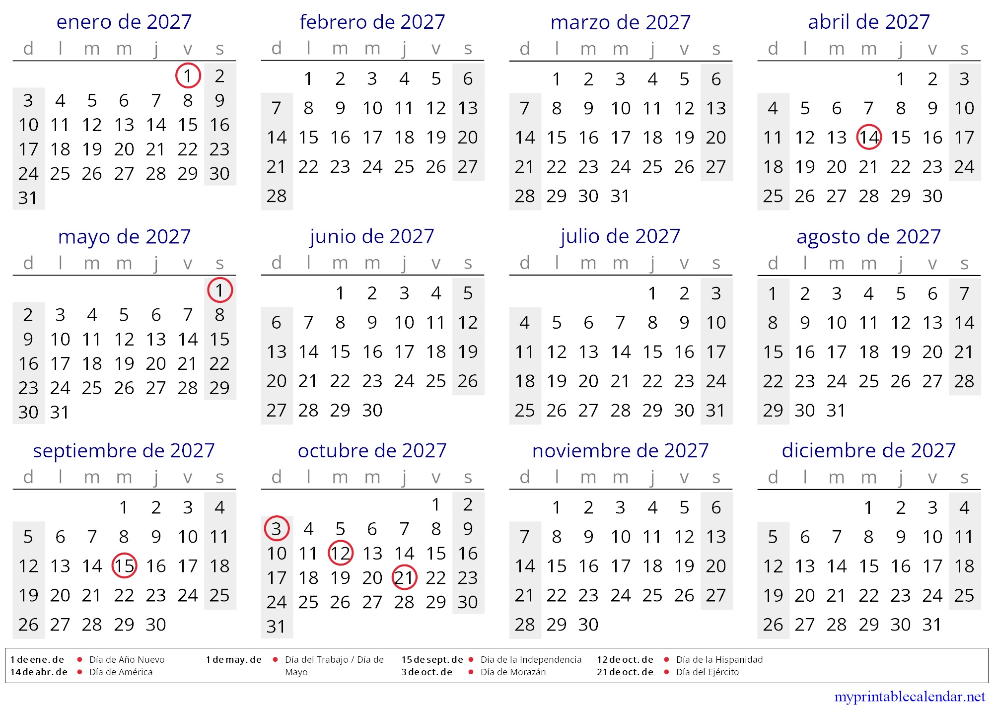 Yearly calendar for 2027, Honduras, Spanish jpg