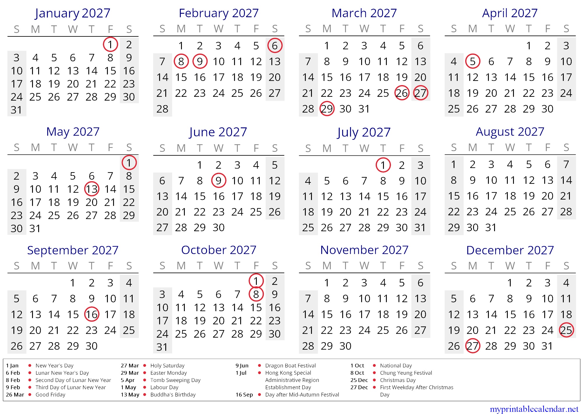 Yearly calendar for 2027, Hong Kong, English jpg