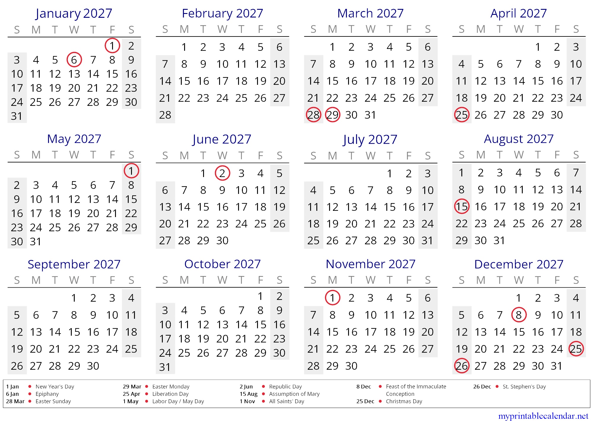 Yearly calendar for 2027, Italy, English jpg