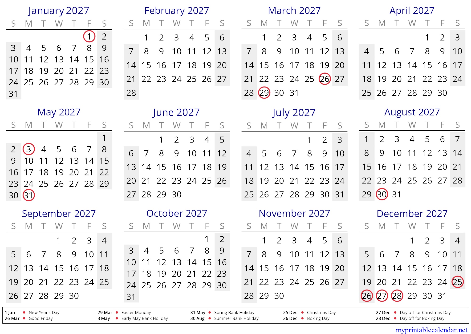 Yearly calendar for 2027, Jersey, English jpg
