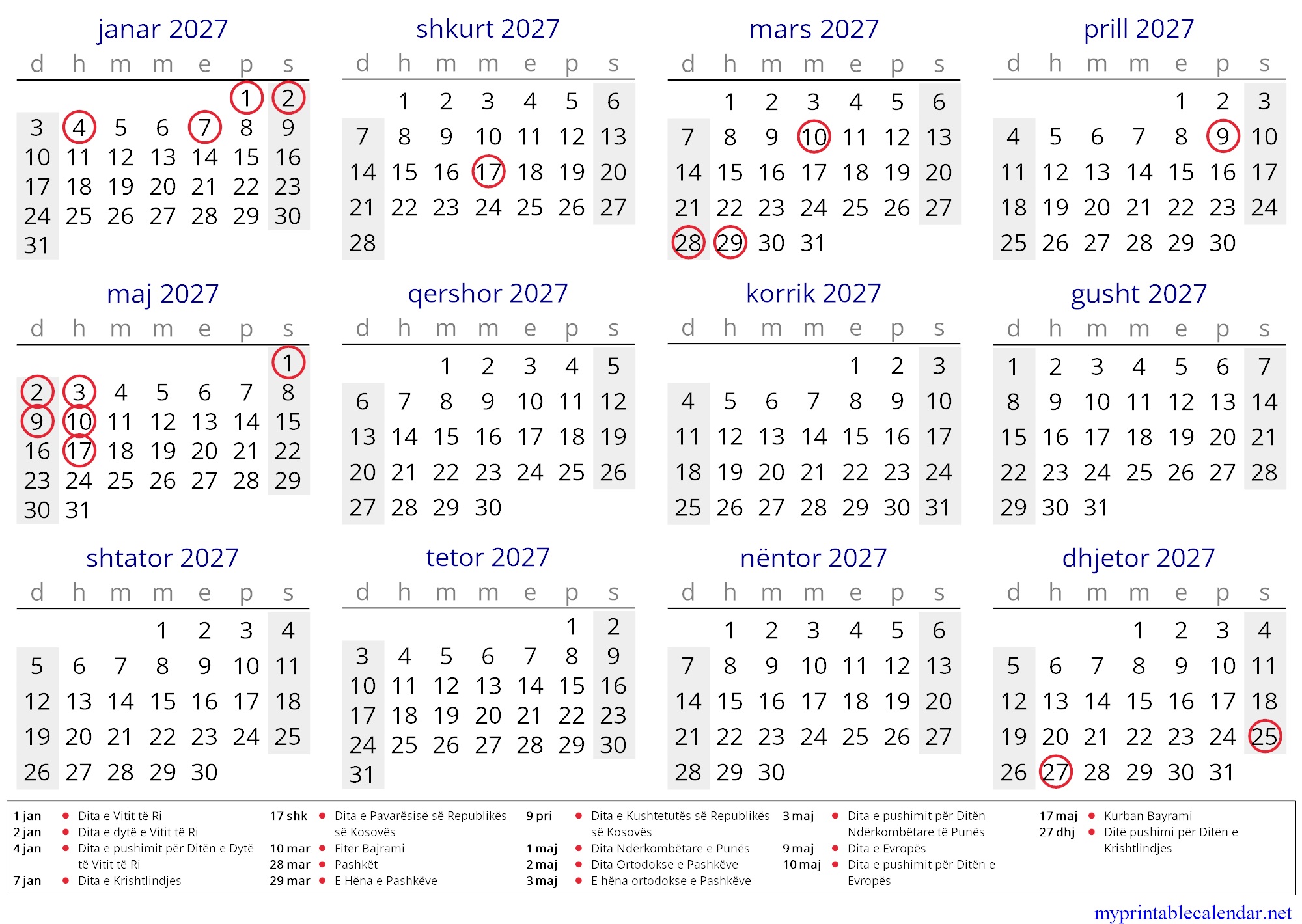 Yearly calendar for 2027, Kosovo, Albanian jpg