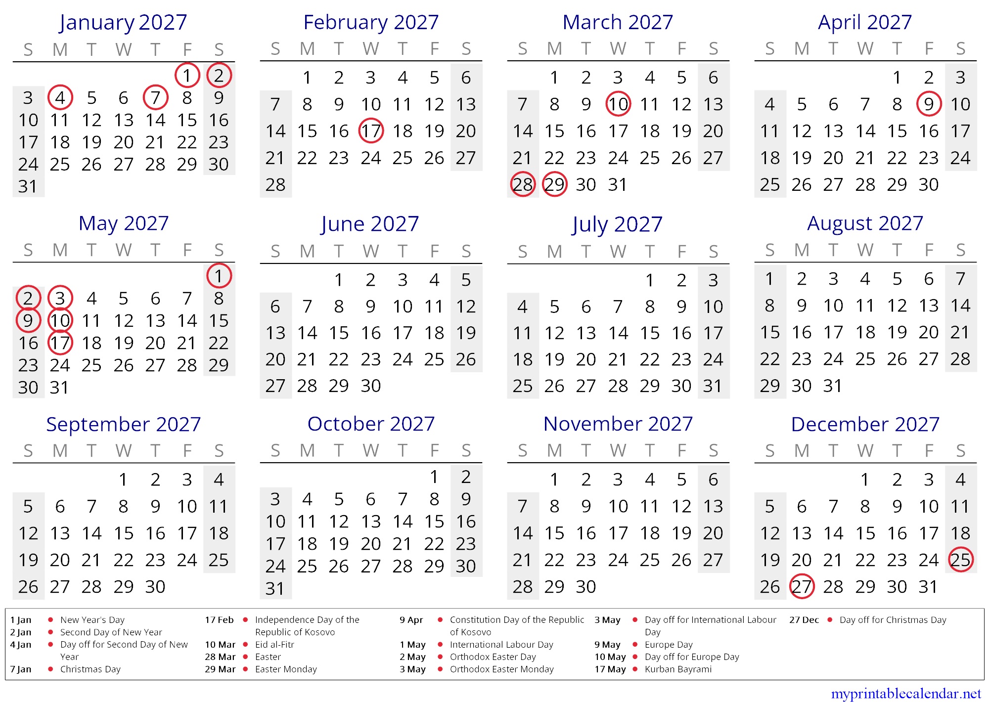 Yearly calendar for 2027, Kosovo, in English jpg