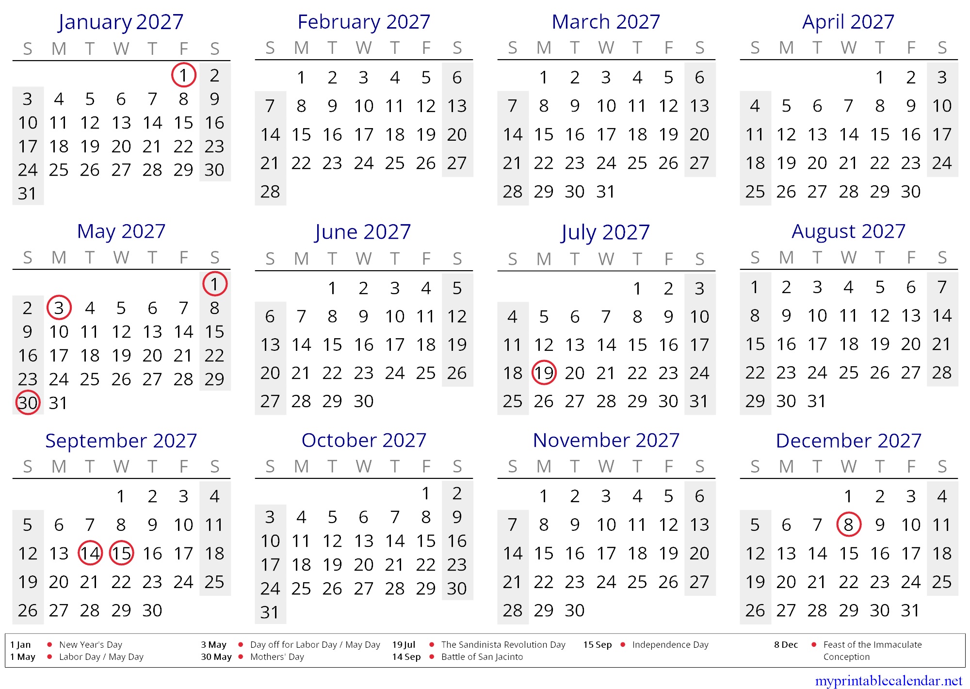 Yearly calendar for 2027, Nicaragua, in English jpg