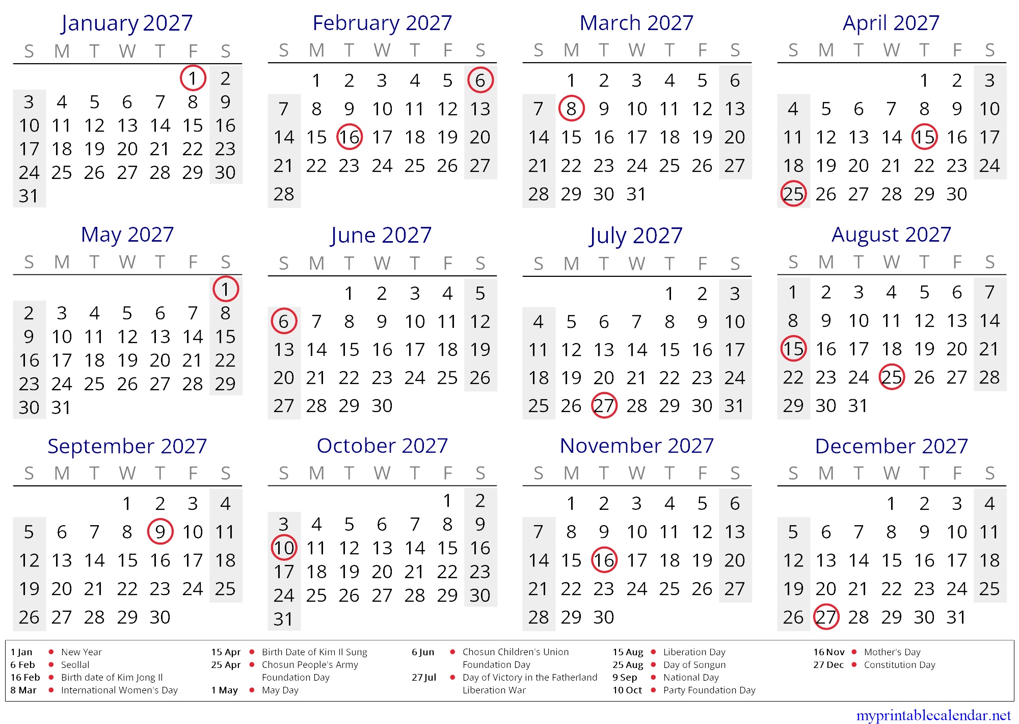 Yearly calendar for 2027, North Korea, in English jpg