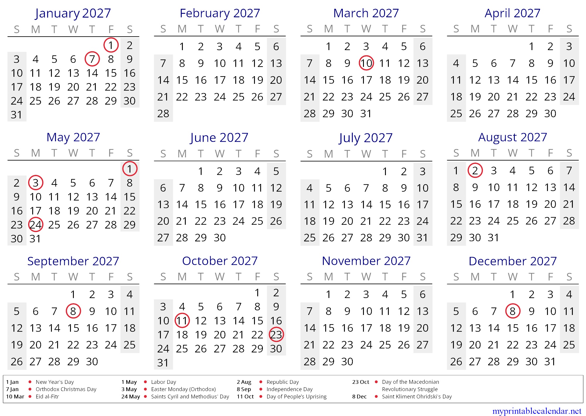 Yearly calendar for 2027, North Macedonia, in English jpg