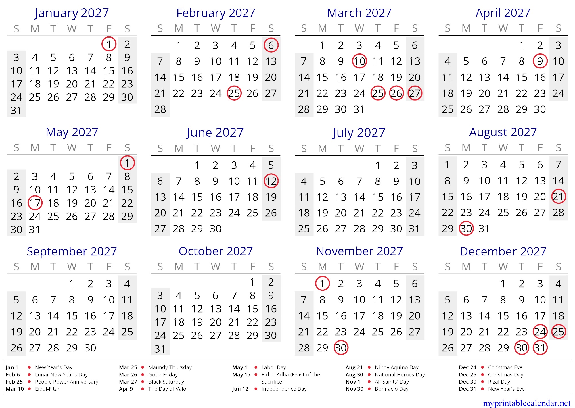 Yearly calendar for 2027, Philippines, English (US, CA) jpg