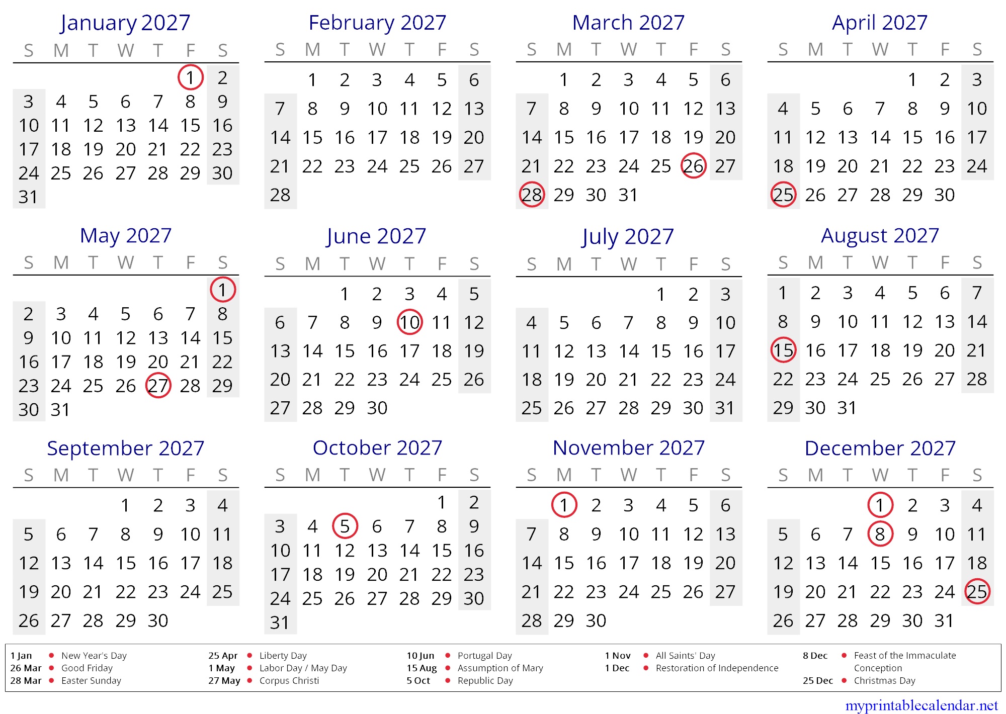 Yearly calendar for 2027, Portugal, in English jpg