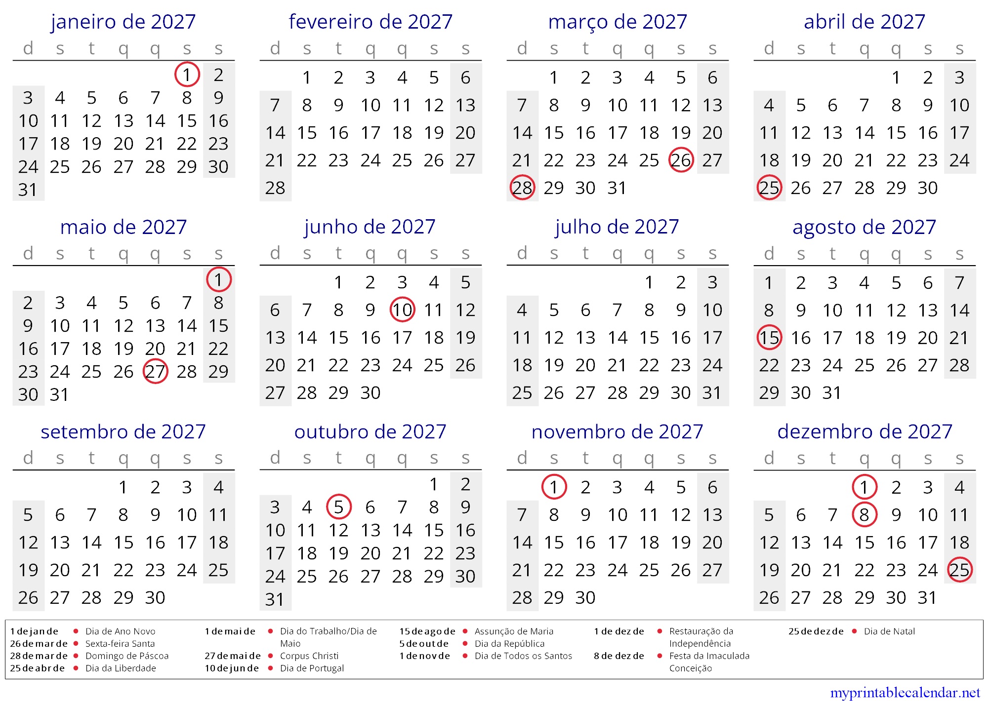 Yearly calendar for 2027, Portugal, Portuguese jpg