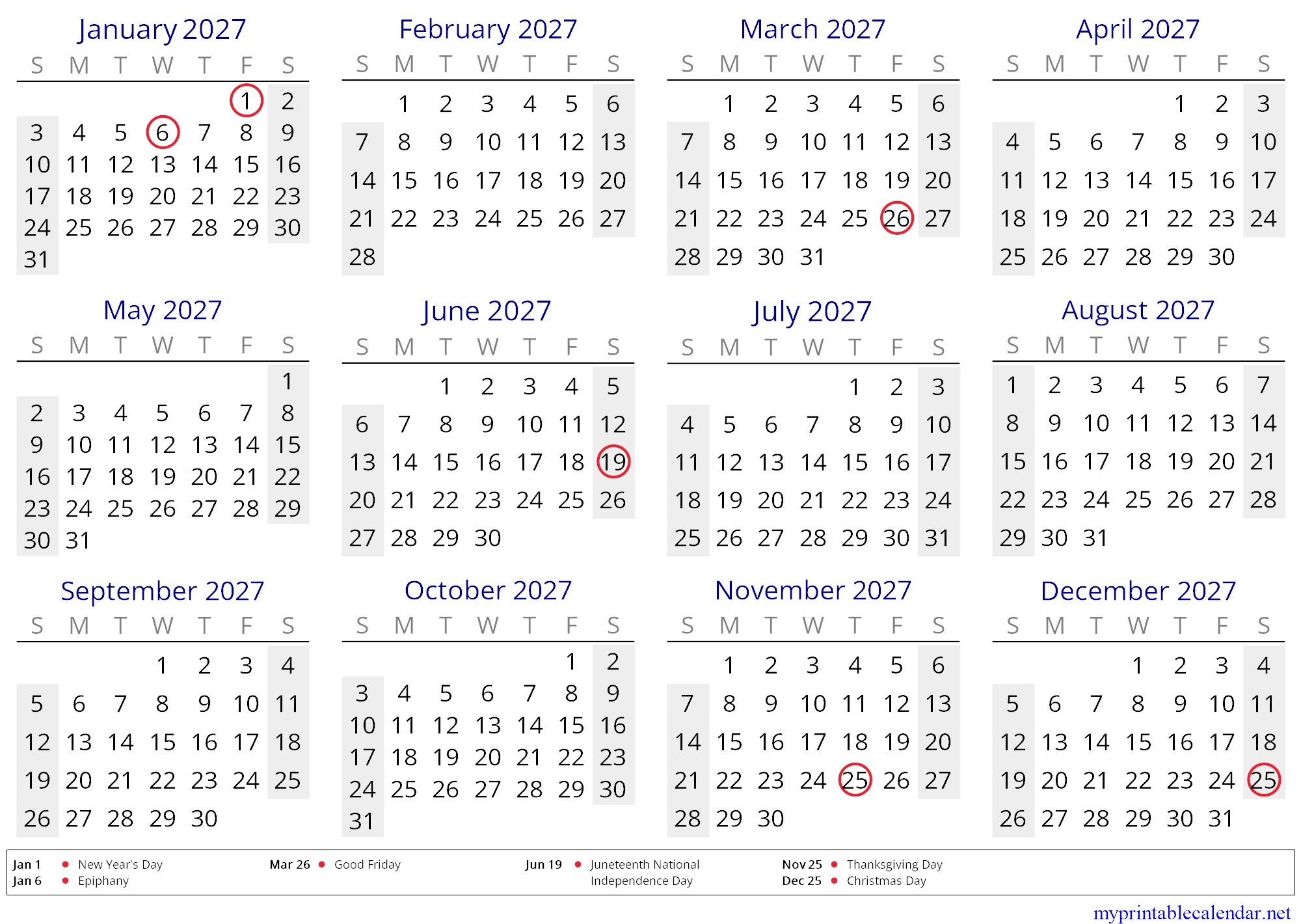 Yearly calendar for 2027, Puerto Rico, English (US, CA) jpg