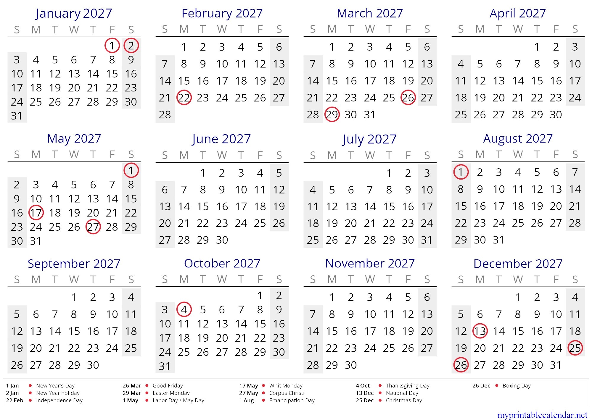 Yearly calendar for 2027, Saint Lucia, English jpg