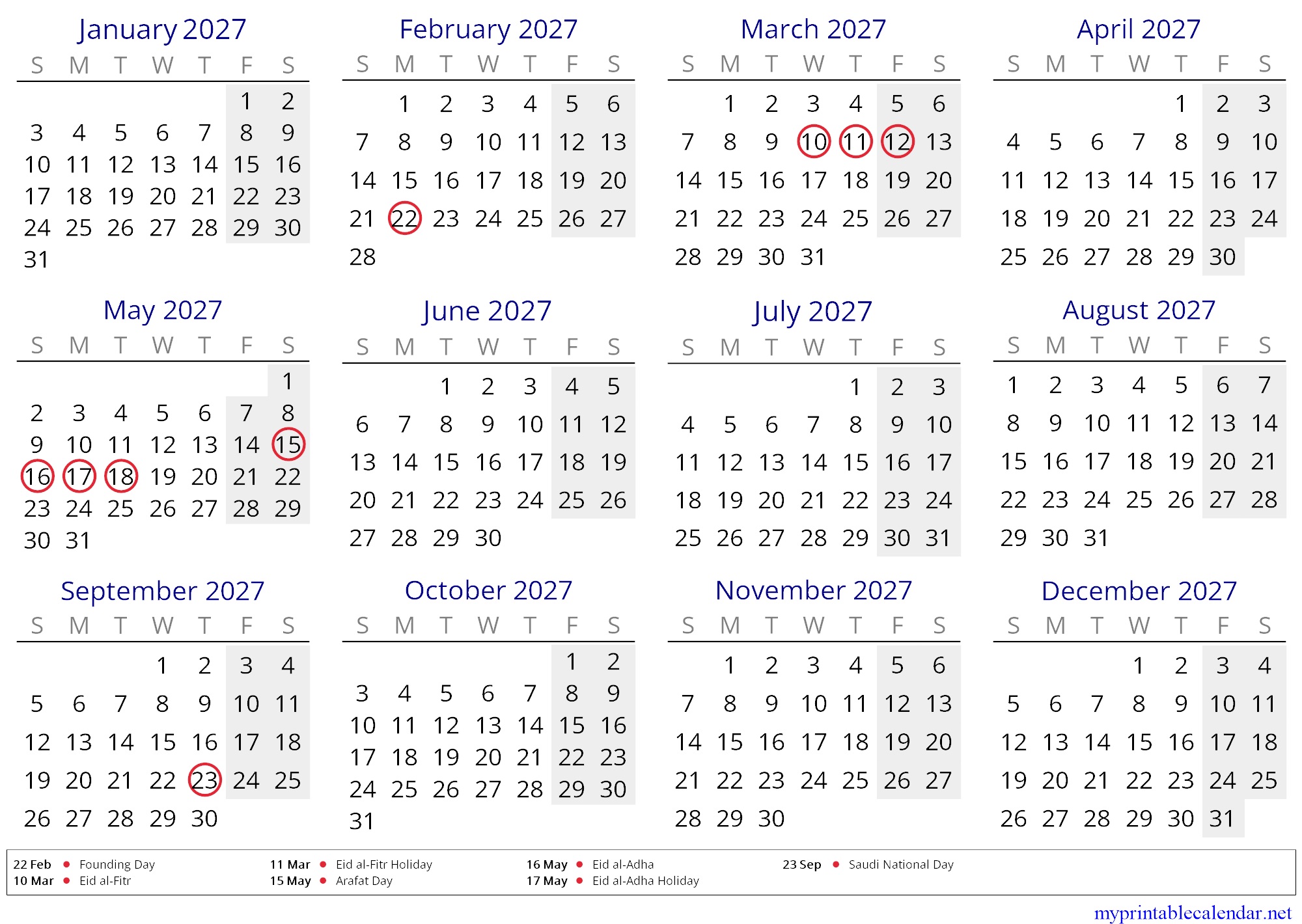 Yearly calendar for 2027, Saudi Arabia, in English jpg