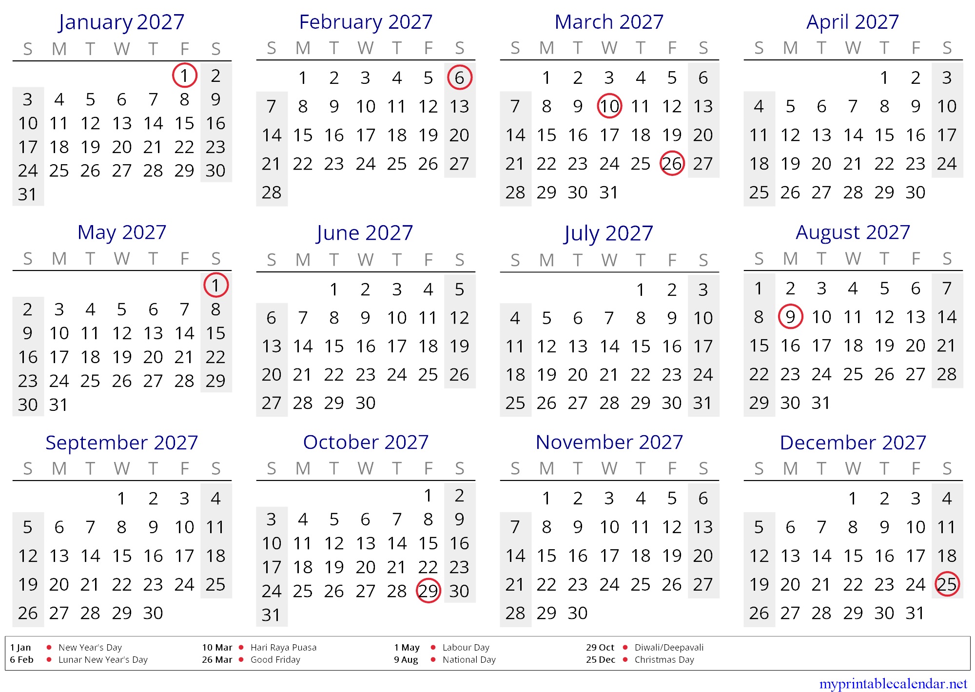 Yearly calendar for 2027, Singapore, English jpg