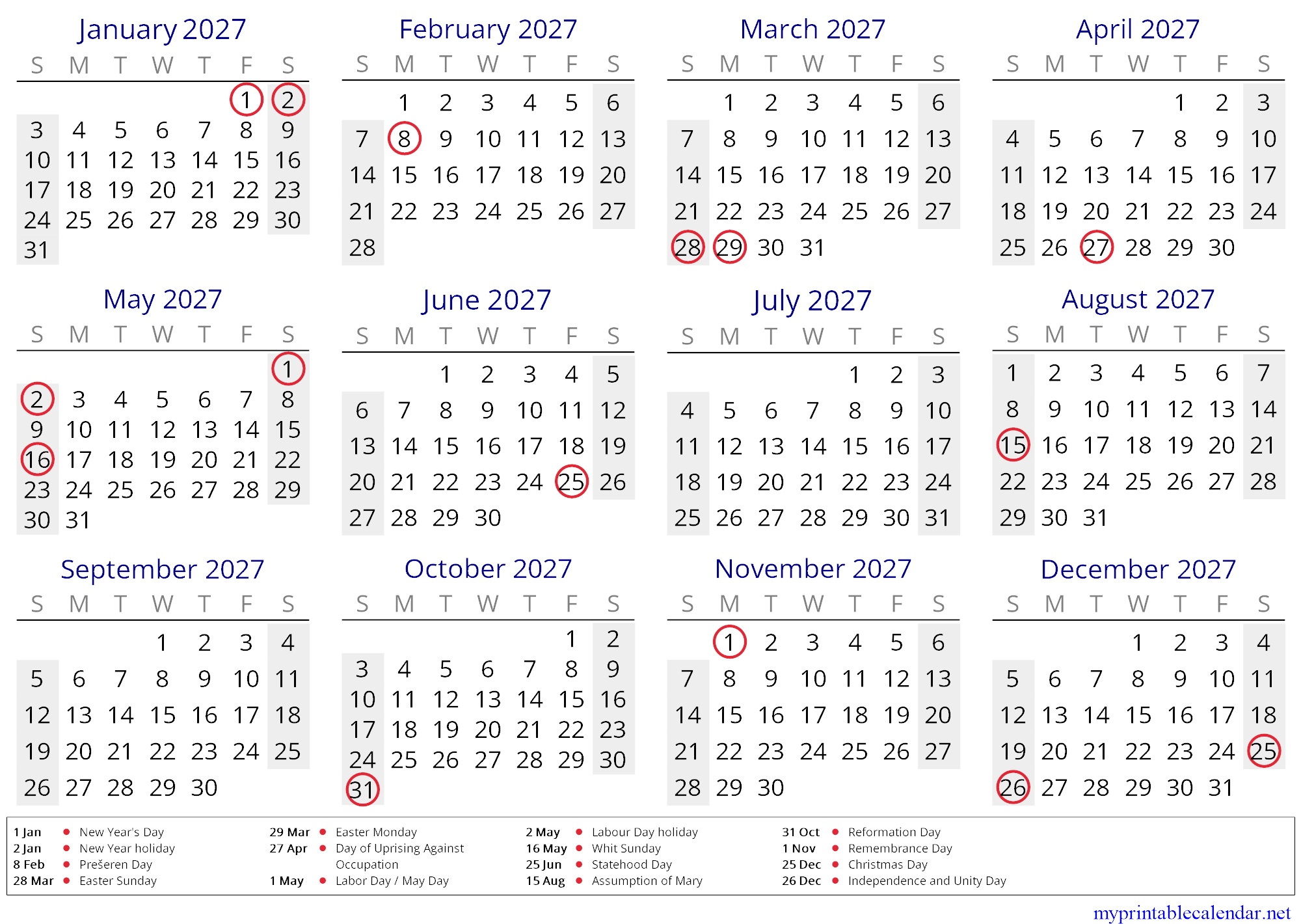 Yearly calendar for 2027, Slovenia, in English jpg