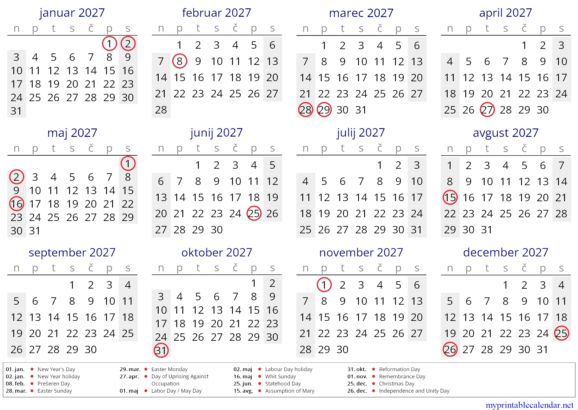 Yearly calendar for 2027, Slovenia, Slovenian jpg