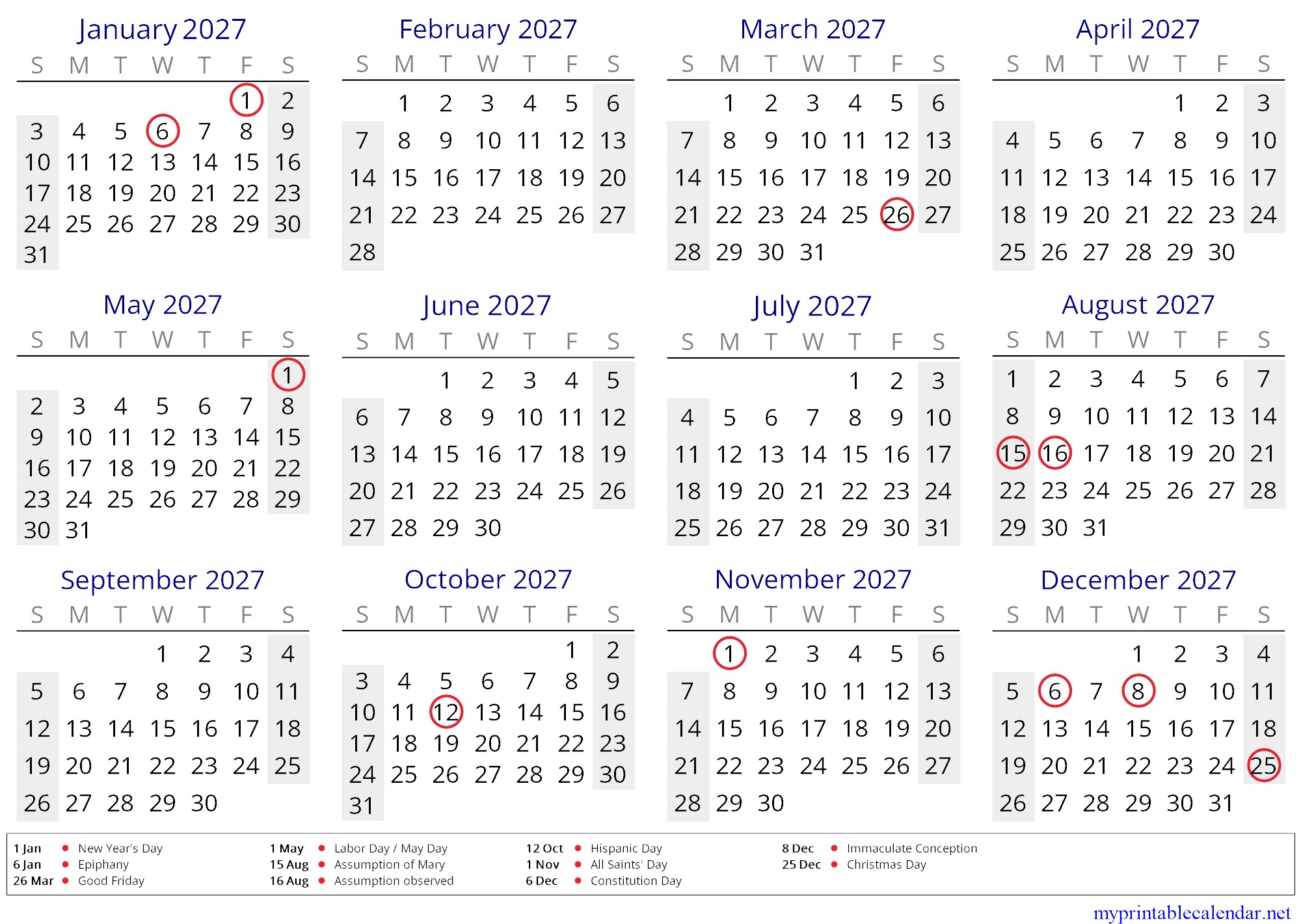 Yearly calendar for 2027, Spain, English jpg