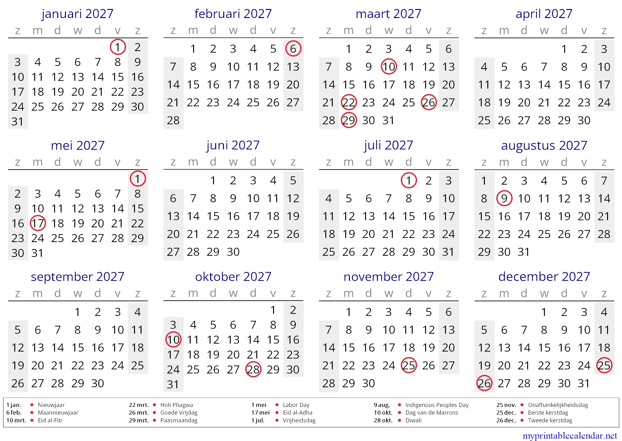 Yearly calendar for 2027, Suriname, Dutch jpg