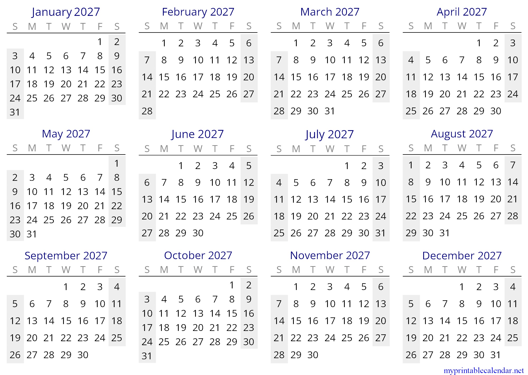 Yearly calendar for 2027, Ukraine, in English jpg