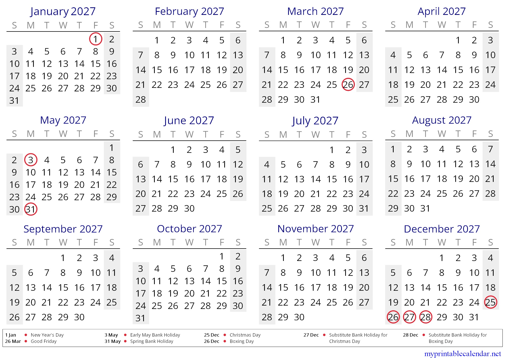 Yearly calendar for 2027, United Kingdom, English jpg