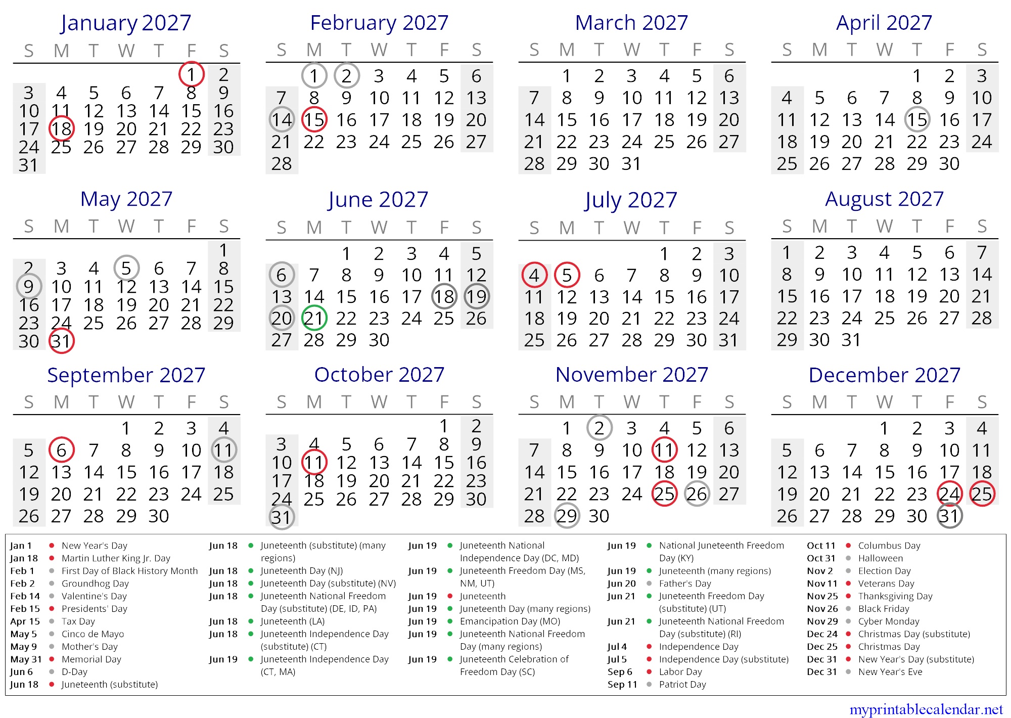 Yearly calendar for 2027, United States, English (US, CA) jpg