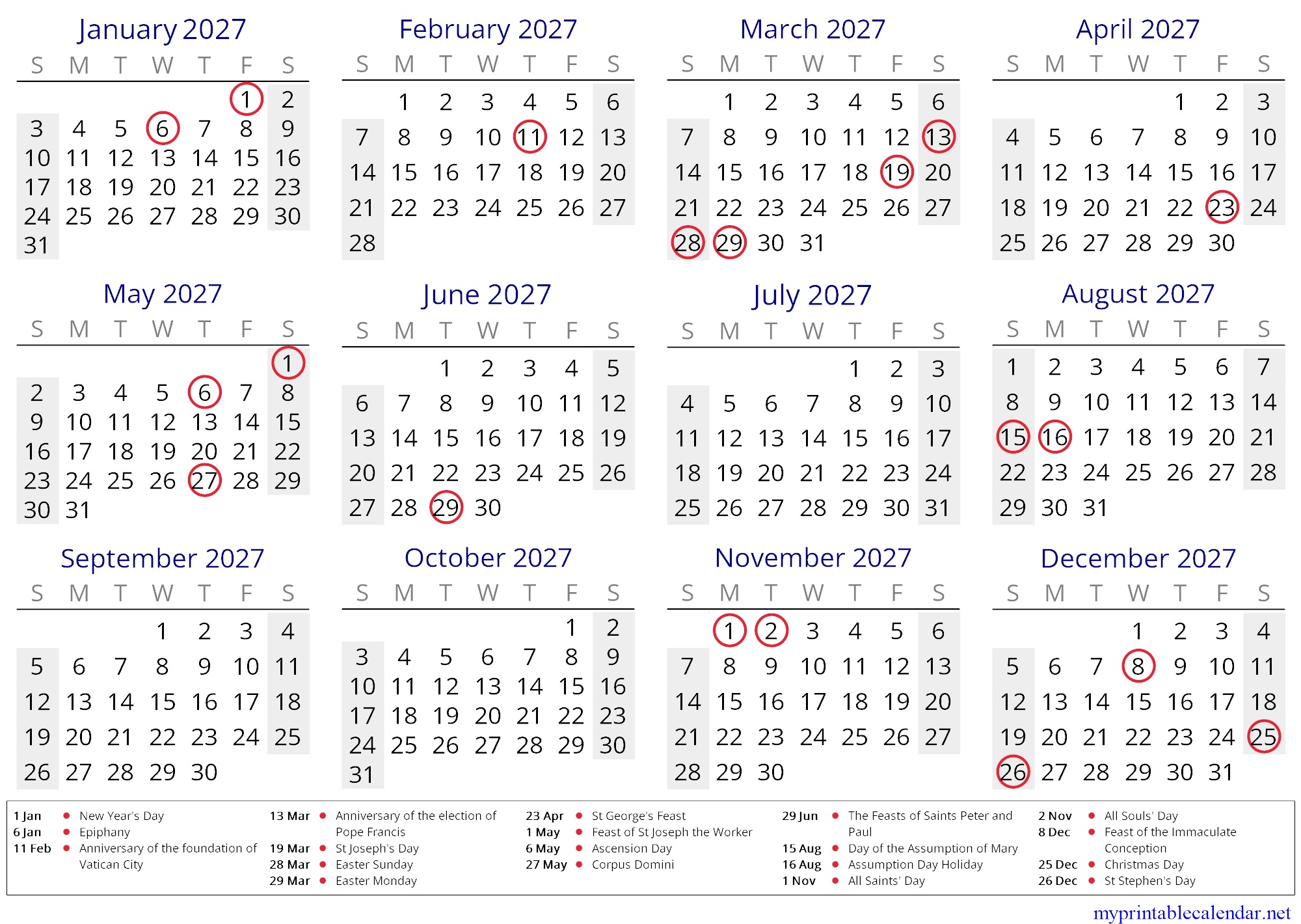 Yearly calendar for 2027, Vatican City, in English jpg
