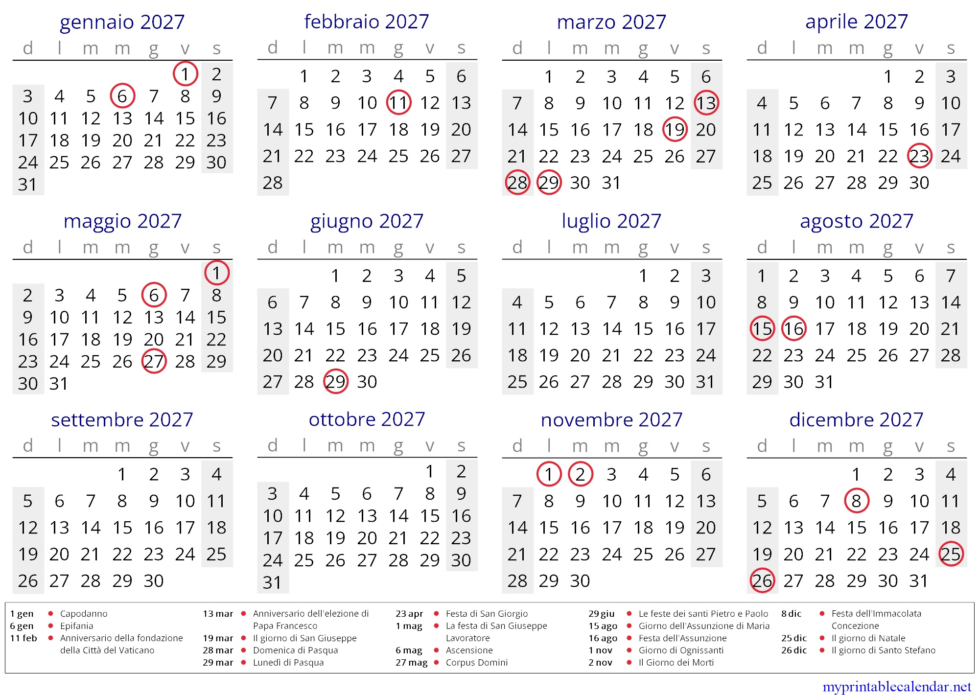 Yearly calendar for 2027, Vatican City, Italian jpg