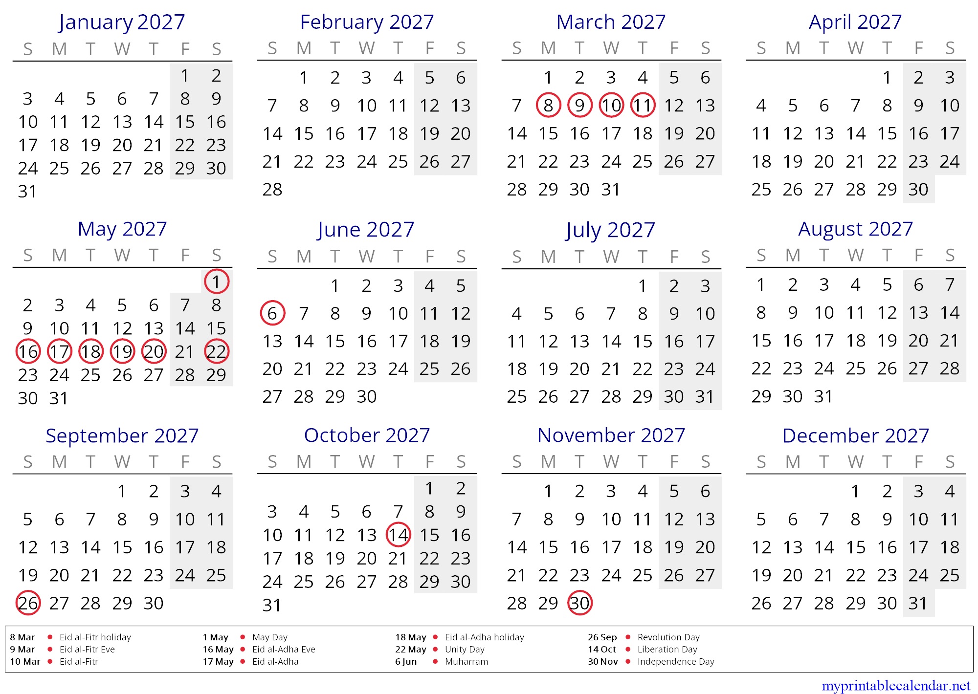 Yearly calendar for 2027, Yemen, in English jpg